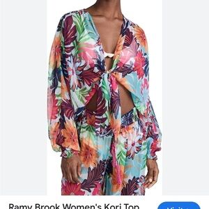 Ramy Brook Pink and Blue Floral sheer front tie shrug top Coverup size XL